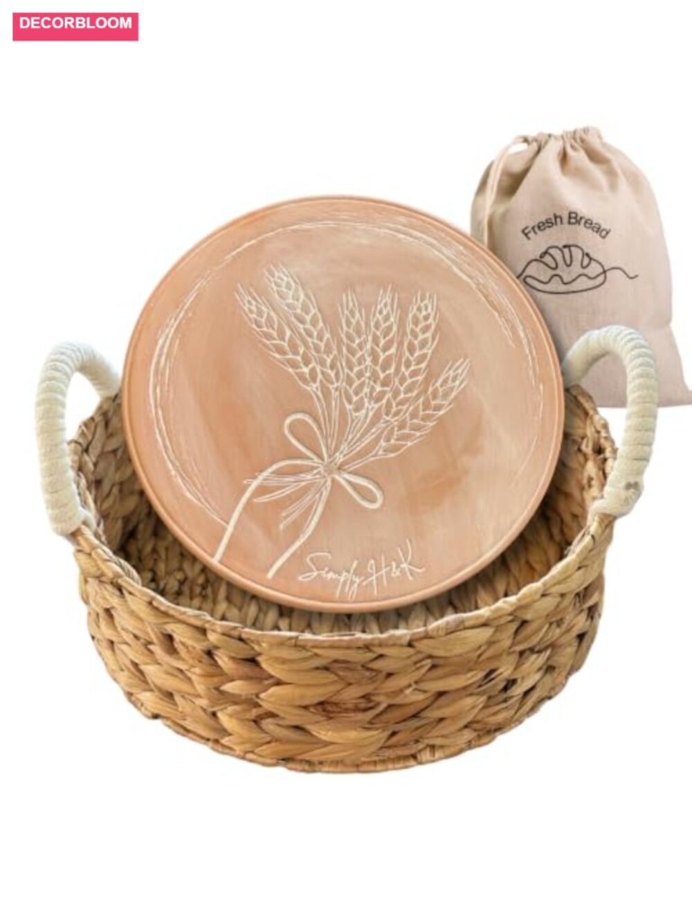 Bread Warmer Basket with Stone Reusable Linen Bag 3-Piece Handwoven